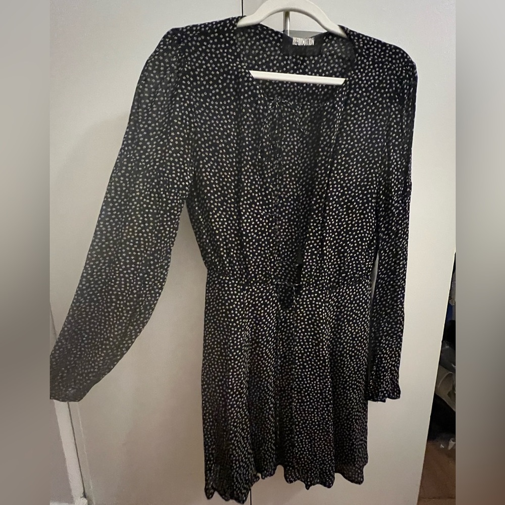 Reformation black and white silk dress - deep v